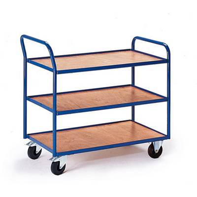 Metalen trolley met drie houten planken en een blauwe lijst, staat op vier wielen in een lichte omgeving.