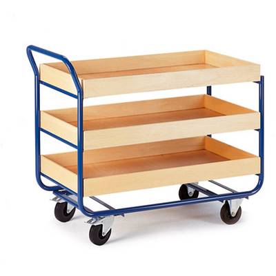 Houten rolwagen met drie bovenop elkaar liggende opbergvakken, blauwe metalen frame, vier draaibare wielen voor gemakkelijk transport.