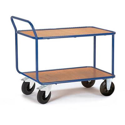 Transportwagen met blauwe metaalstructuur en twee houten vloeren, uitgerust met vier wielen.