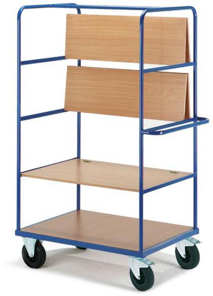 'Bibliotheekwagen van blauw metaal met drie houten planken en zijsteunen, geschikt voor het vervoeren van boeken.'