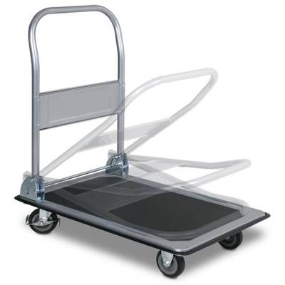 Compacte trolley met opvouwbare handgreep, gebruikt voor het vervoeren van voorwerpen. Vervaardigd uit metaal, voorzien van vier wielen.