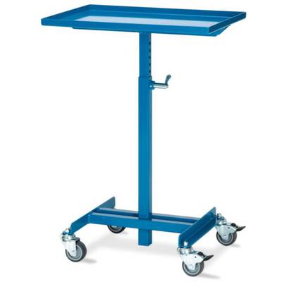 Rolwagen met een blauwe, rechthoekige legplaat, in hoogte verstelbaar en gemonteerd op vier wielen. Ideaal voor gereedschappen of medische apparatuur.