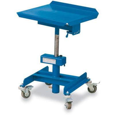 Blauwe mobiele tafel met vier wielen en een in hoogte verstelbaar platform, geschikt voor transport en ondersteuning van machines.