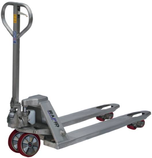 Zilveren metalen hefwagen met rood omrande wielen. De handgreep is gebogen, en het logo 'RAPID' is zichtbaar aan de zijkant.