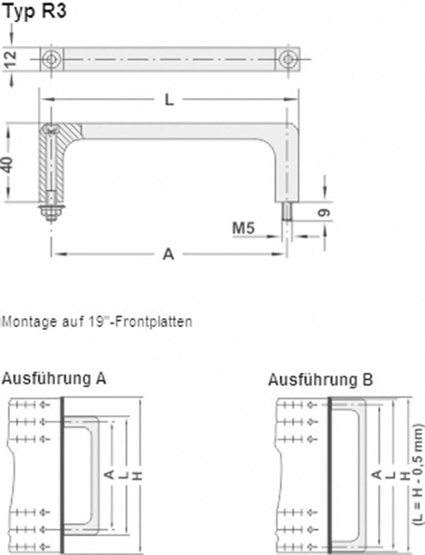 'Tekening van het Type R3 handvat voor 19"-frontpaneelmontage, maten L en A aangegeven, evenals twee uitvoeringen A en B met de maten L, A, H.'