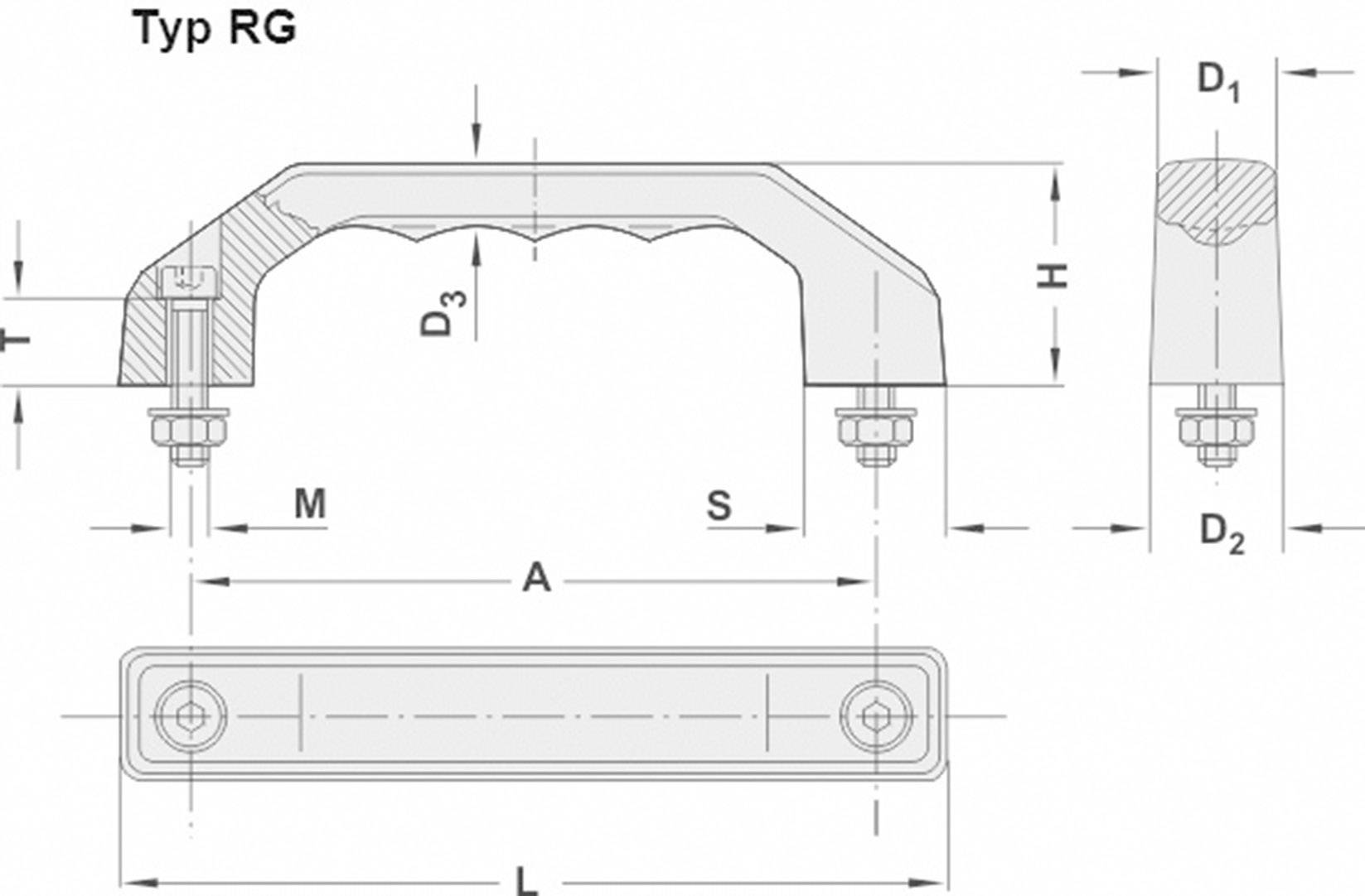 Technische tekening van een RG-type handgreep met afmetingen, schroeven en afstandsinstructies. Belangrijke onderdelen zijn gemarkeerd.