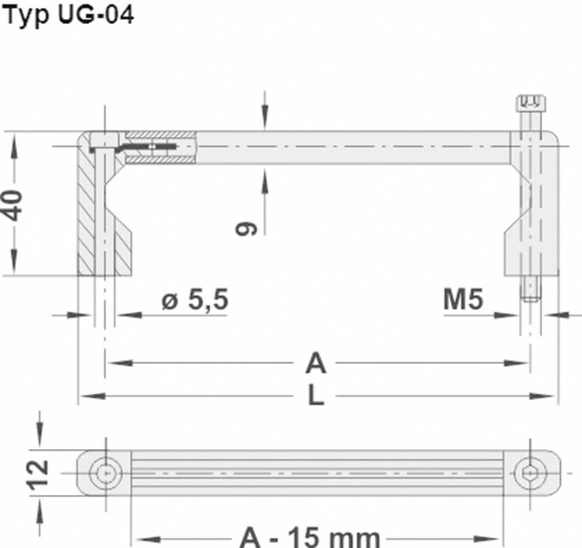 Technische tekening van een U-vormig metalen onderdeel, type UG-04, met afmetingen: hoogte 40 mm, breedte 12 mm, gatendiameter 5,5 mm, M5-schroefdraad.