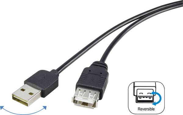 Renkforce RF-4096113 USB-kabel USB 2.0 USB-A stekker, USB-A bus 1.80 m Zwart Stekker past op beide manieren, Vergulde steekcontacten