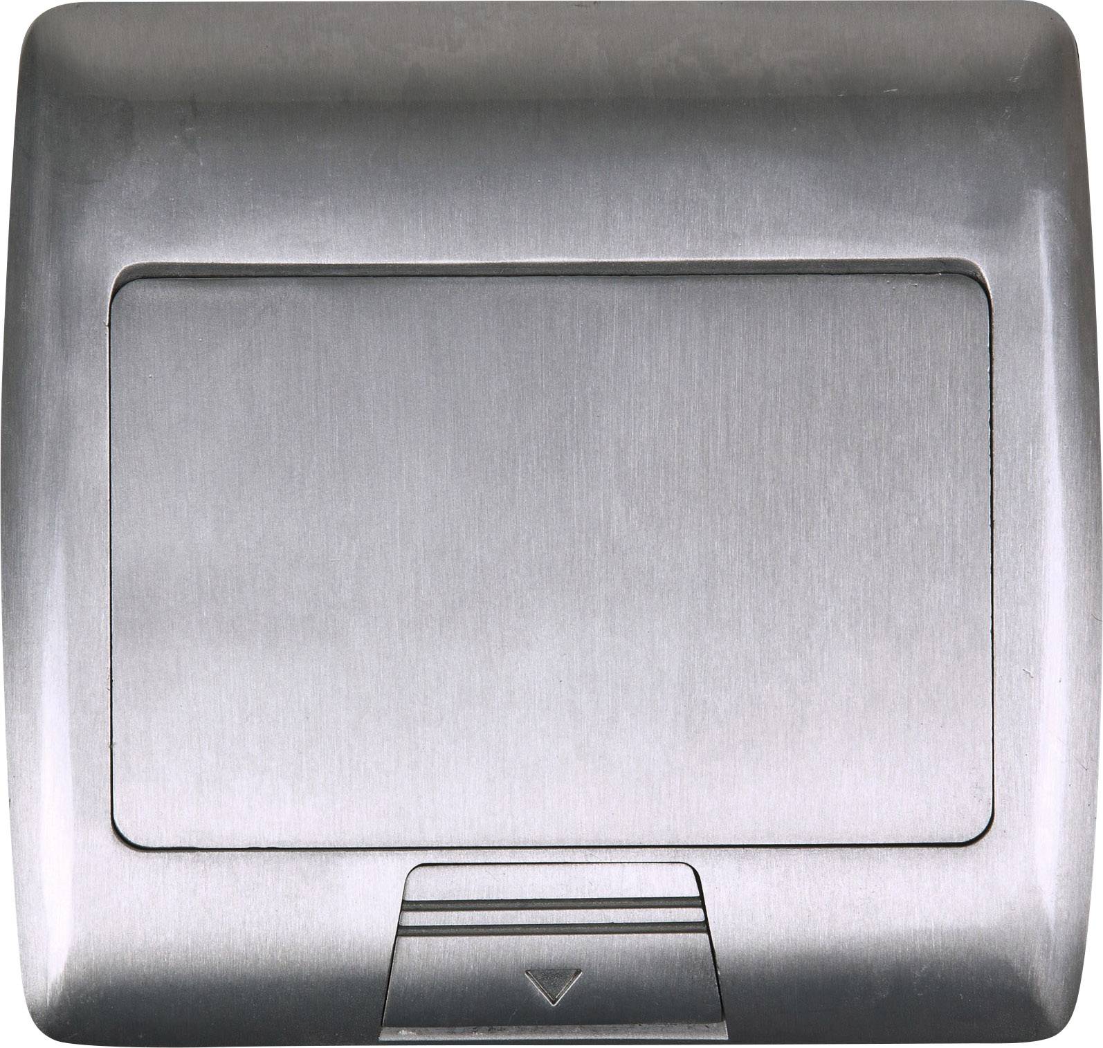 Een glanzende roestvrijstalen handdoekdispenser-afdekking met een rechthoekige opening in het midden en een pijl naar beneden aan de onderkant.