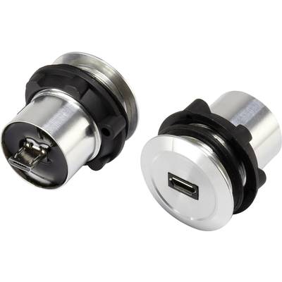 Twee zilveren USB-aansluitingen met zwarte randen, naast elkaar geplaatst. Eén aansluiting toont de USB-stekker, de andere de voorkant.