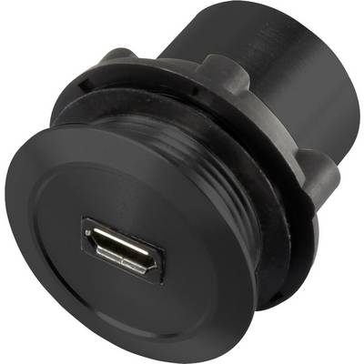 Zwarte, ronde USB-invoerpoort, geschikt voor inbouw in apparaten of een behuizing, met standaard USB-aansluiting.