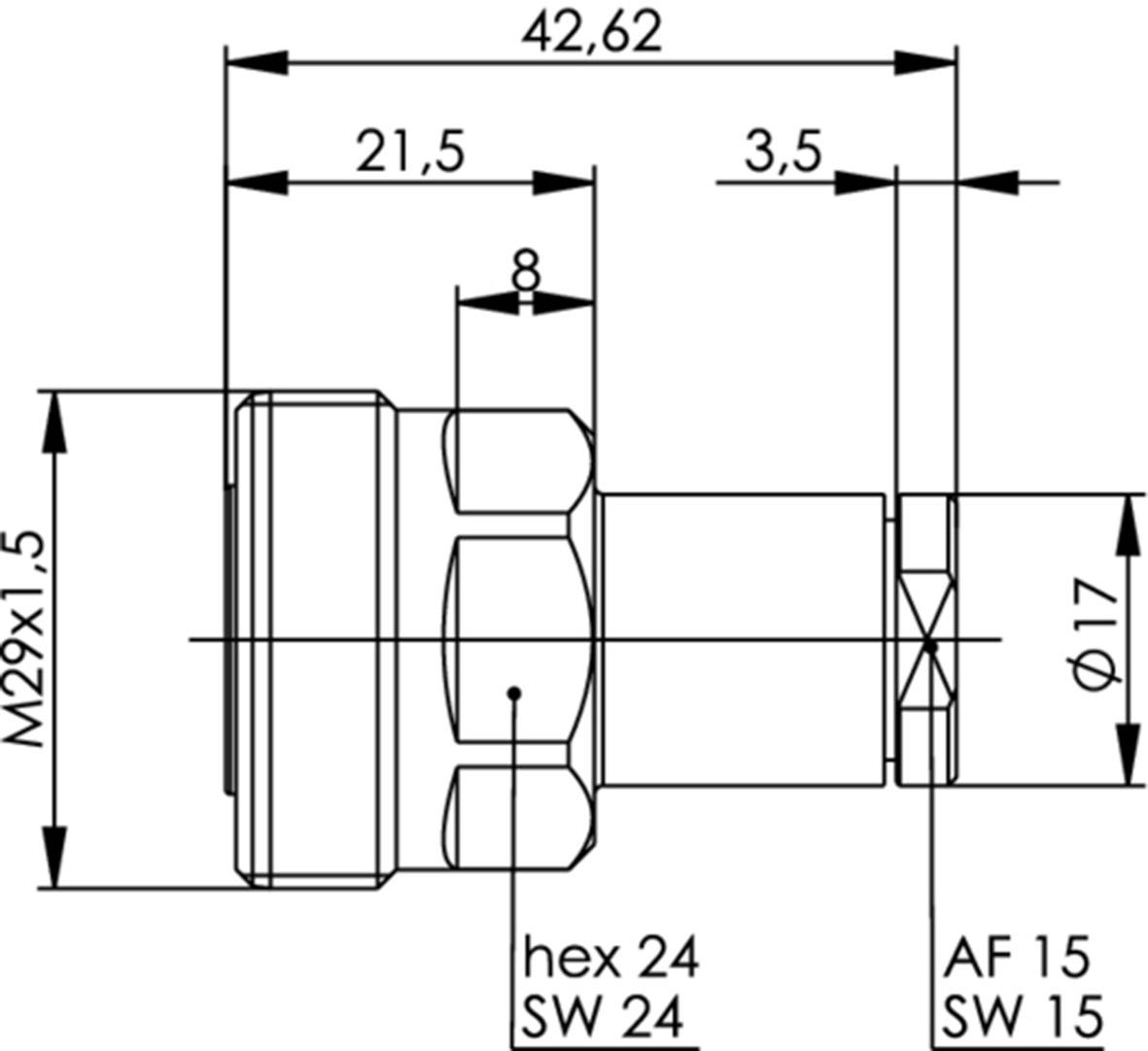 Technische tekening van een cilinder met verschillende maten, waaronder M29x1,5, lengte 42,62 mm en diameter 17 mm. Zeskant- en sleutelwijdte-aanduidingen zijn opgenomen.
