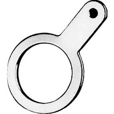 Een ronde metalen ring met een lange, platte greep die aan het eind een gat heeft. De ring zou kunnen dienen als sleutelhanger.