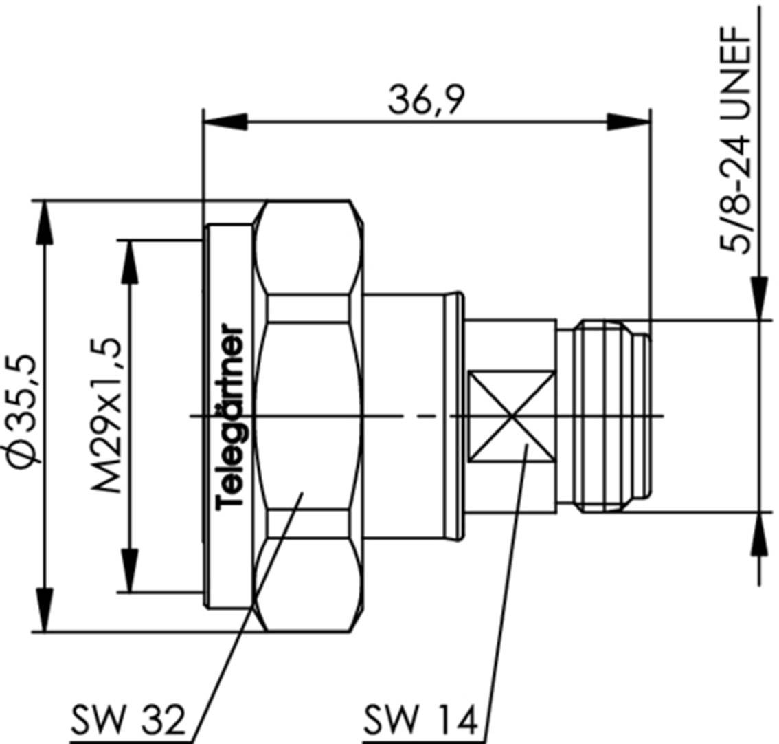 'Technische tekening van een adapter. Zijaanzicht met afmetingen: 36,9 lengte; diameter 35,5; schroefdraad M29x1,5 en 5/8-24 UNEF.'