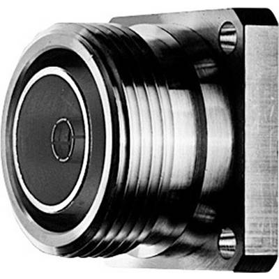 Een metalen verbindingsstuk met schroefdraad en een platte aansluiting in close-up. Wordt gebruikt voor het verbinden van kabels of slangen in technische apparaten.