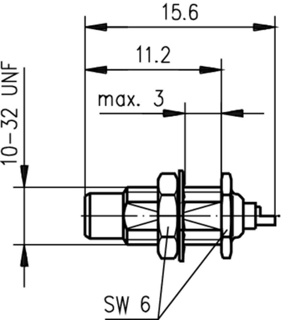 Technische tekening van een draadbouten; afmetingen: 15,6 mm totale lengte, 11,2 mm tot aan de flens, max. 3 mm draaddiameter, 10-32 UNF; zeskant SW 6.
