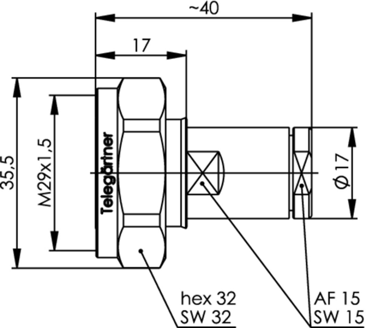 Technische tekening van een schroefdraadadapter met afmetingen: lengte ongeveer 40 mm, buitendiameter 17 mm, schroefdraad M29x1,5.