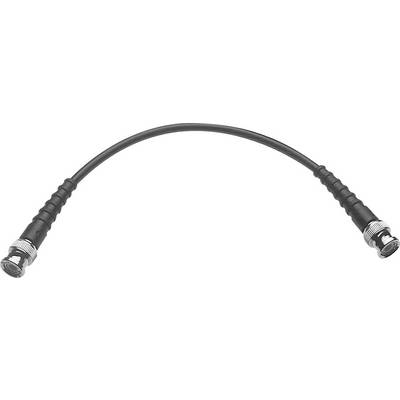 Een zwarte coaxkabel met BNC-connectoren aan beide uiteinden, gekenmerkt door een flexibele, gegolfde mantel.