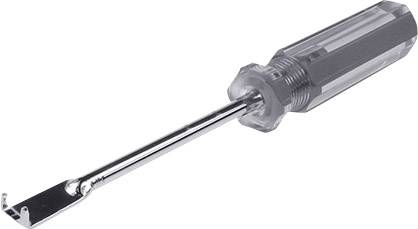 Een metalen hefboomgereedschap met een doorzichtige handgreep, gebruikt voor het verwijderen van paperclips uit papieren stapels.
