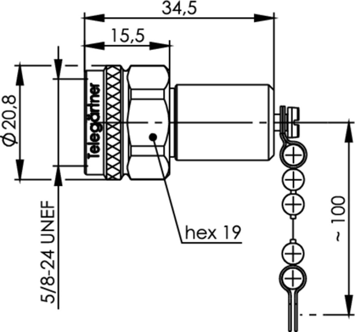Technische tekening van een stekker met kettingslot, afmetingen in mm aangegeven, inclusief diameter, lengte en schroefdraadgrootte.