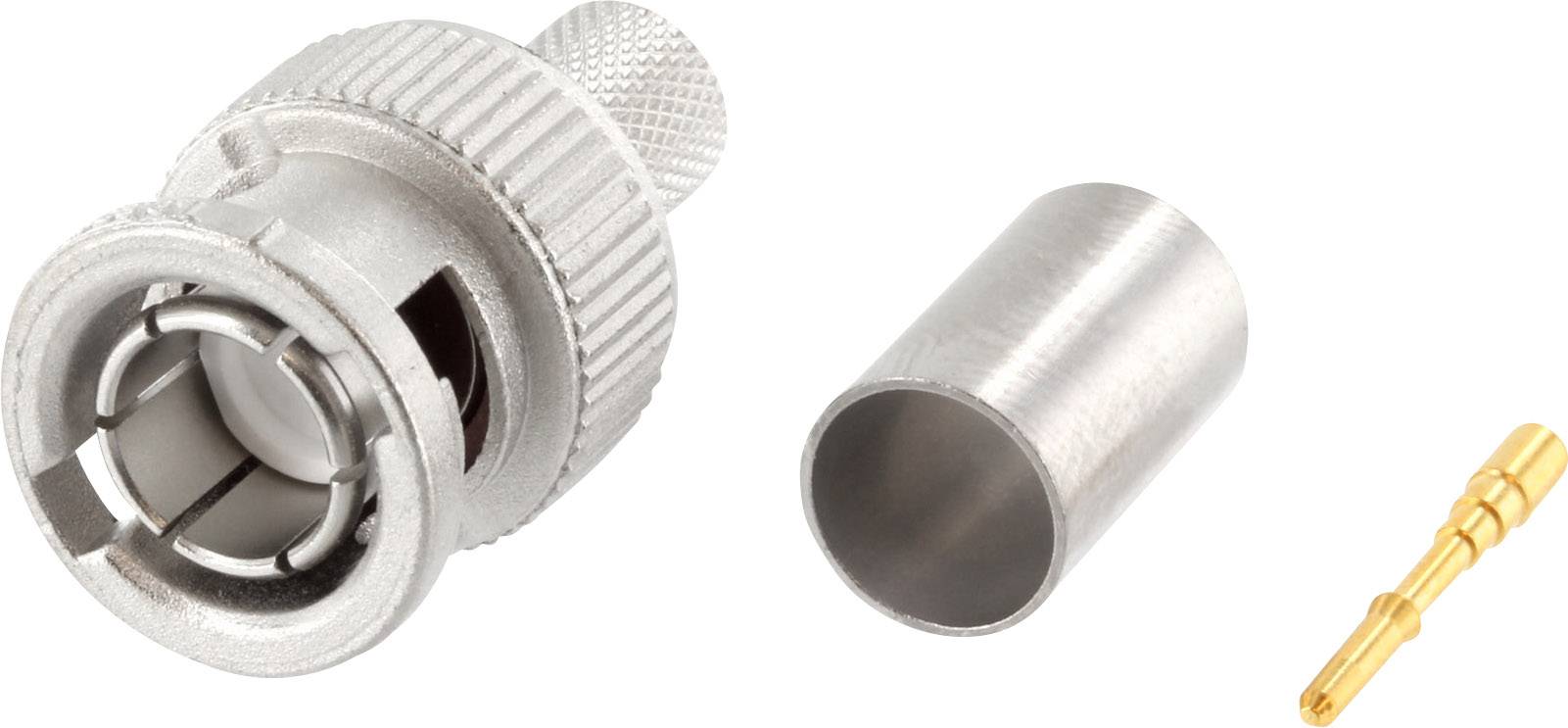 BNC-connector-componenten: metalen stekerhuis, bus en goudkleurige contactpen.
