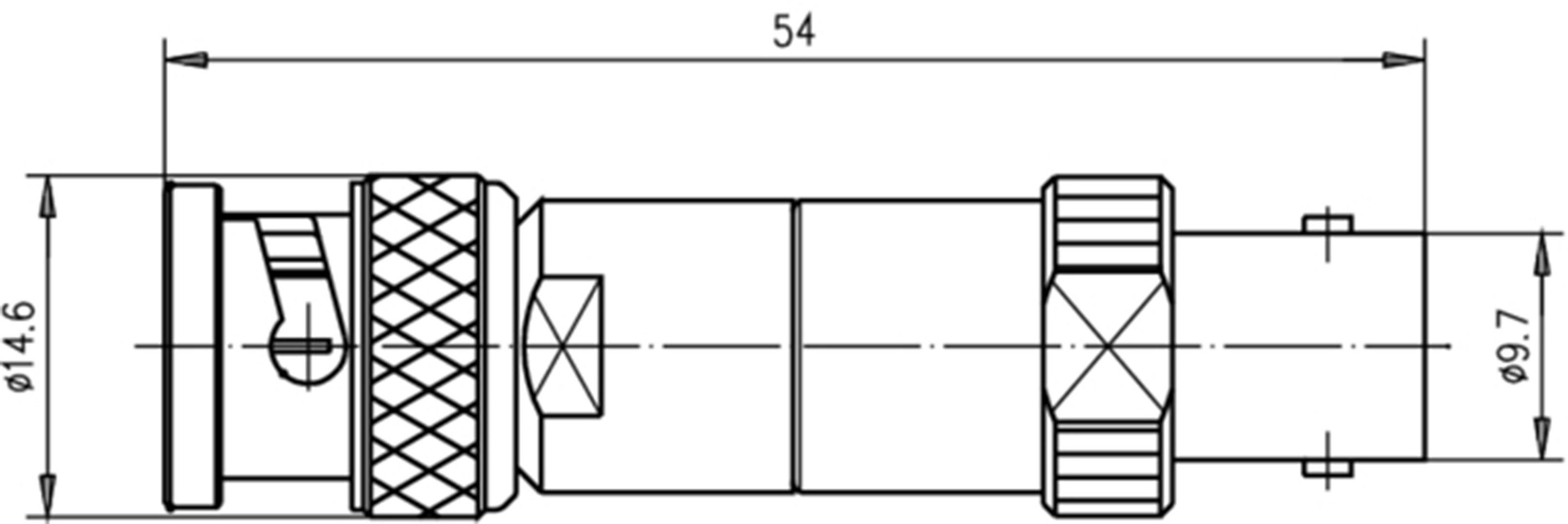 Technische tekening van een connector met afmetingen: lengte 54 mm, diameter 14,6 mm en 9,7 mm aan de uiteinden.