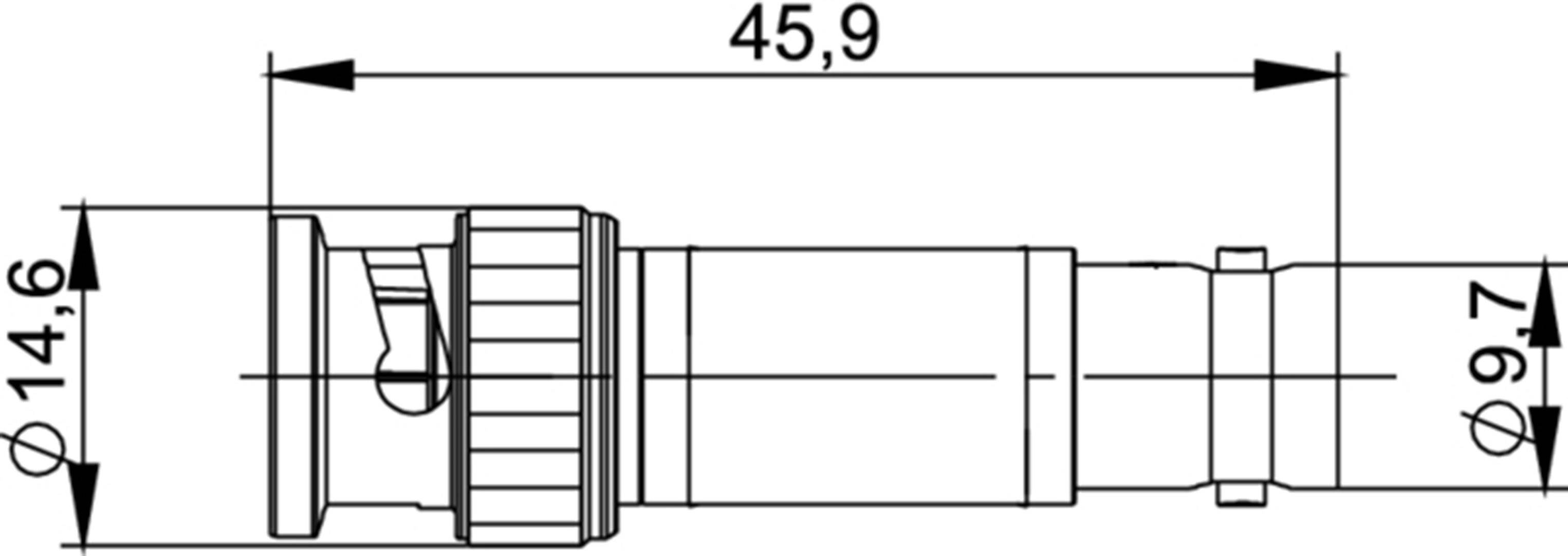 Technische tekening van een cilindrische stekkerverbinding met maatvoering: lengte 45,9 mm, diameter 14,6 mm en 9,7 mm.