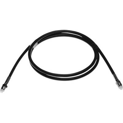 Een zwarte coaxkabel met F-connectoren aan beide uiteinden. Geschikt voor aansluiting op tv- of internetapparatuur.