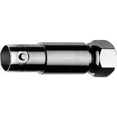 Metalen zeskantmoer en cilindrische bout van chroom, met elkaar verbonden. Hoogglanzend oppervlak, industrieel machineonderdeel.