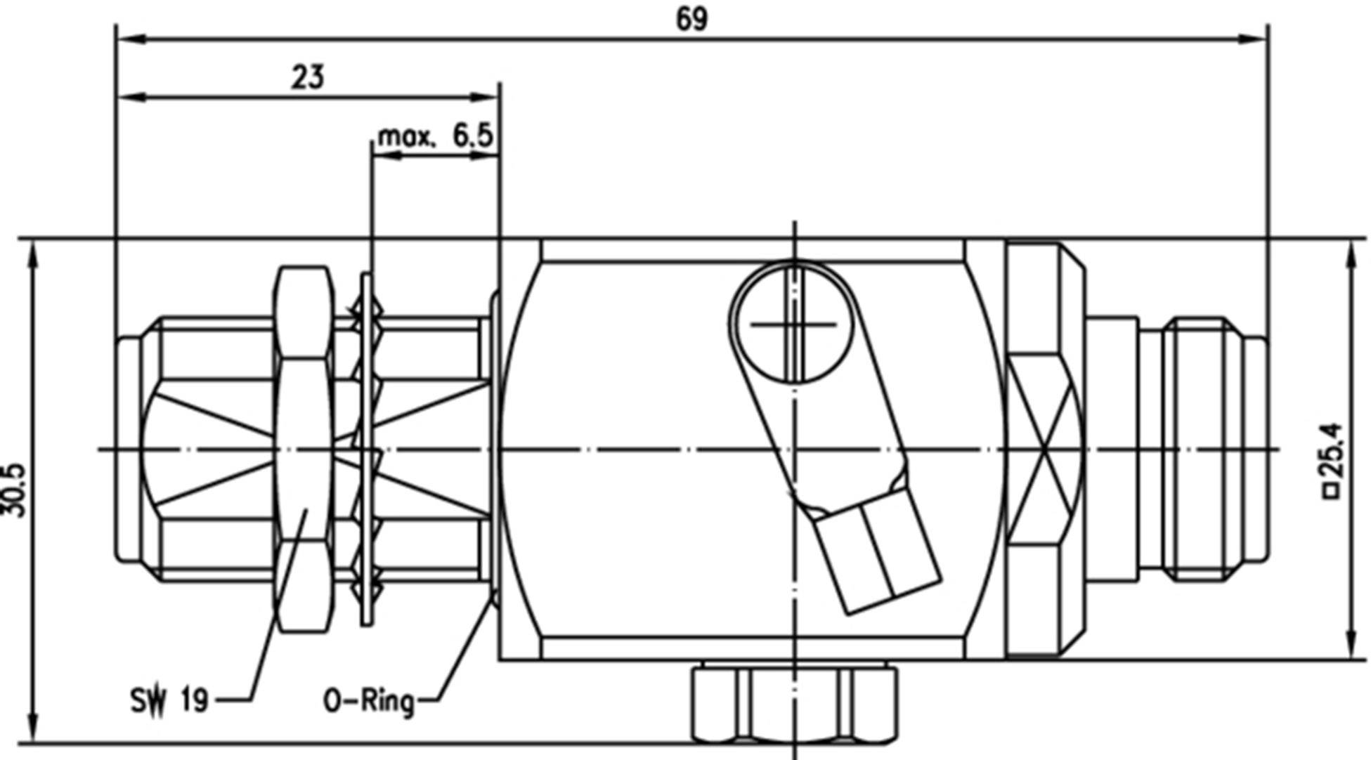 Technische tekening van een buisaansluiting met afmetingen: 69 mm lengte, 30,5 mm hoogte. Inclusief zeskant, O-ring en ventiel.