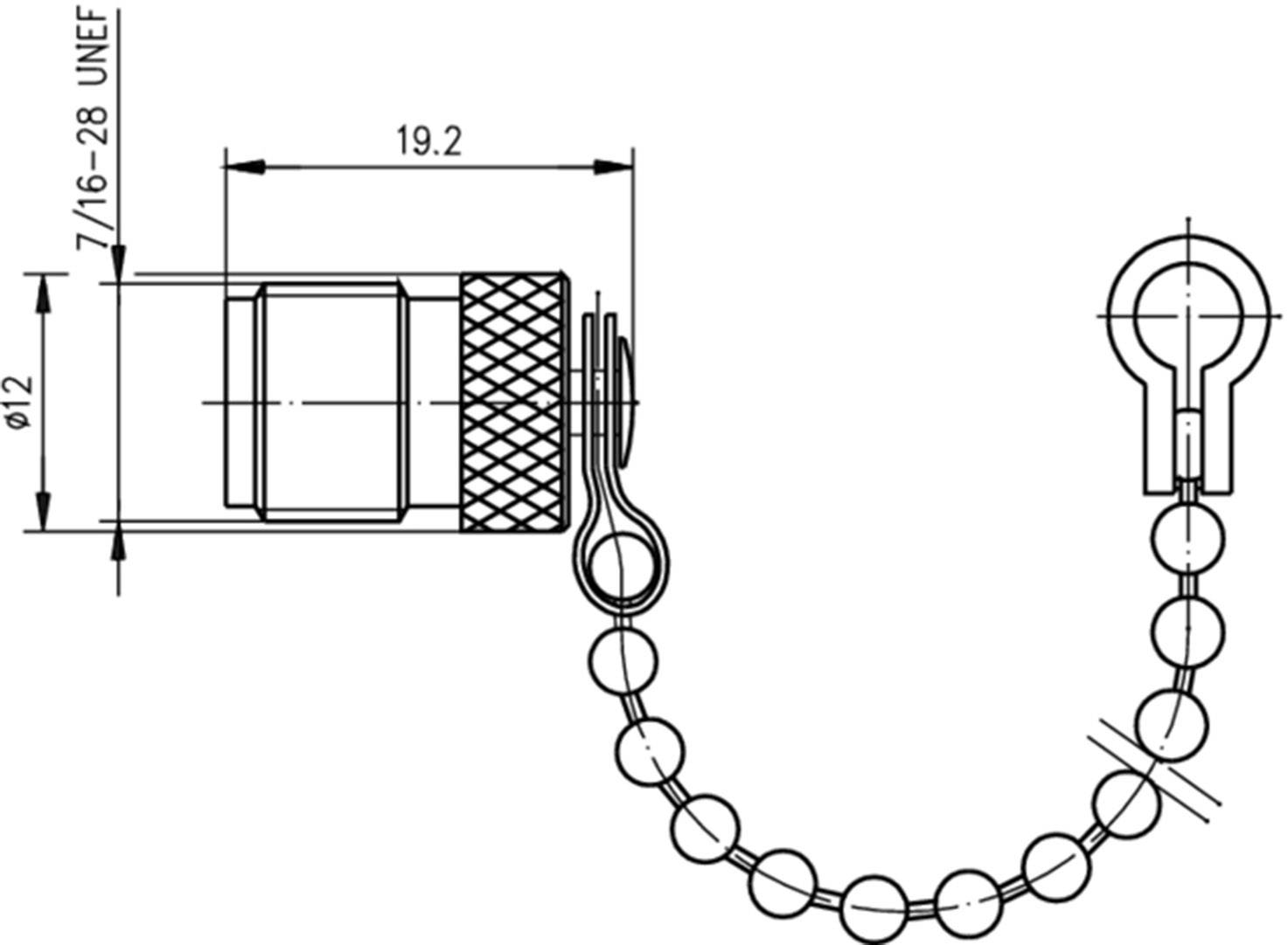 Technische tekening van een beschermkap met ketting. Afmetingen: diameter 12 mm, lengte 19,2 mm. Schroefdraadmaat: 7/16-28 UNEF.
