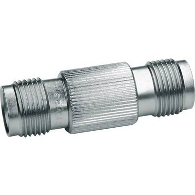 Metalen adapter met geribde oppervlakte voor het verbinden van twee slangen of buizen, voorzien van buitendraad aan beide uiteinden.