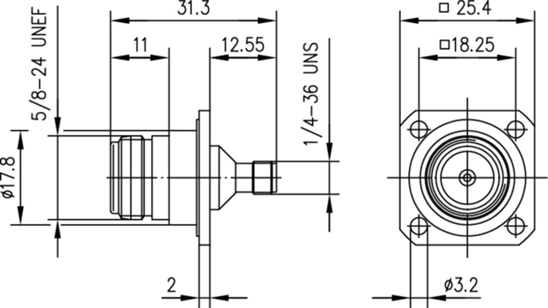 Tweedimensionale technische tekening van een ronde connector. Gedetailleerde afmetingen en draadspecificaties zijn weergegeven.