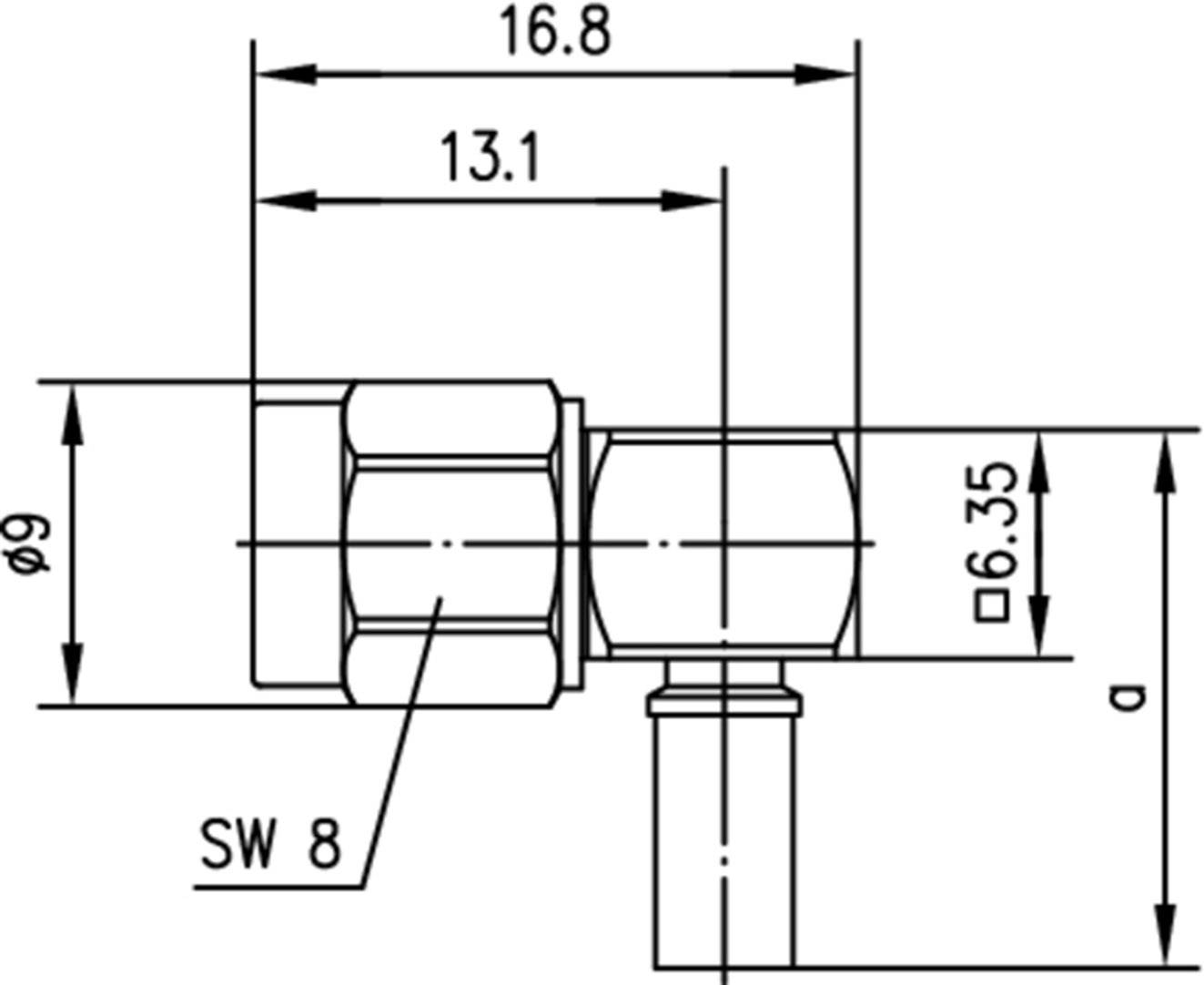 Technische tekening van een verbindingsstuk met afmetingen: Totale lengte 16,8 mm, diameter 9 mm, aansluitingen: SW 8, hoogte 6,35 mm.