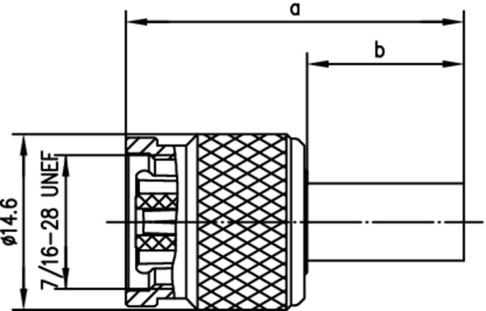 Technische tekening van een connector met afmetingen: buitendiameter 14,6 mm, schroefdraad 7/16-28 UNEF, lengtes a en b gemarkeerd.