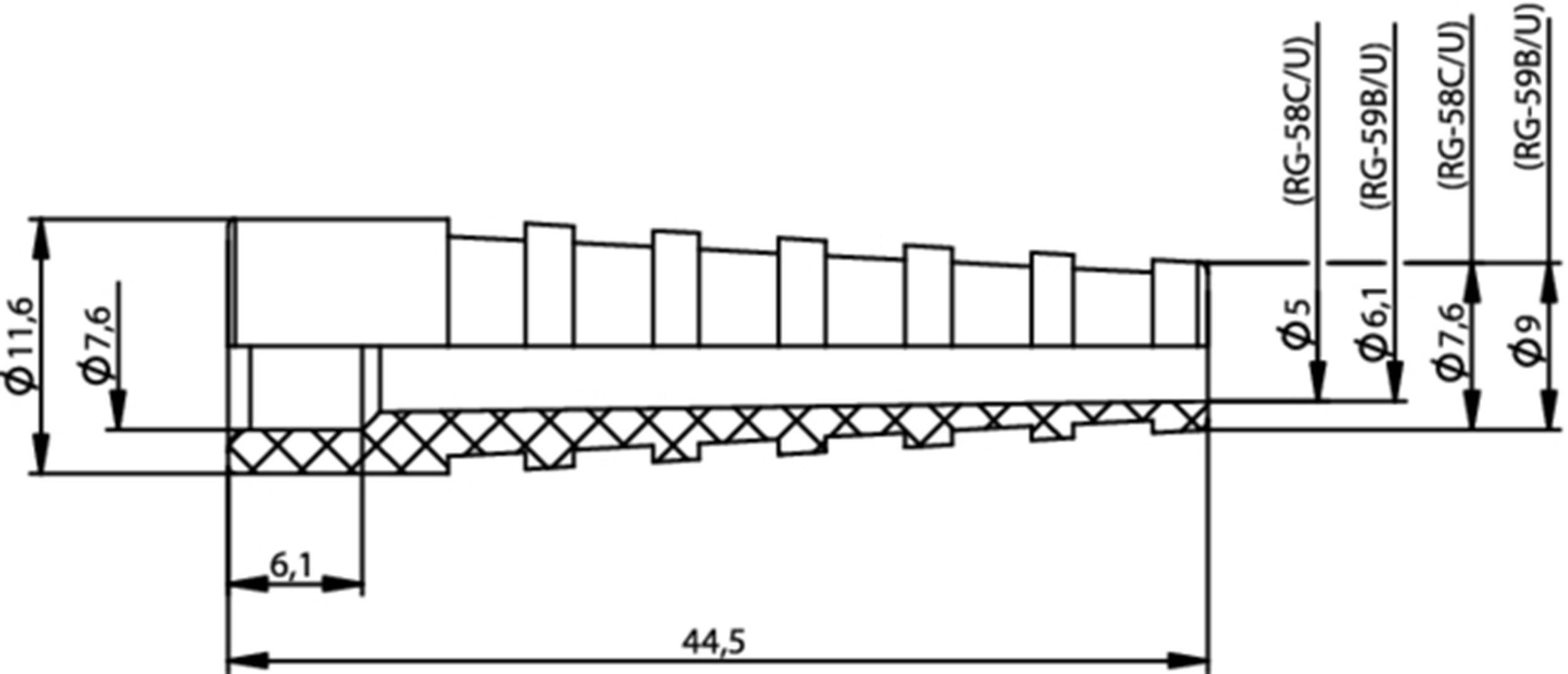 Technische tekening van een connector: toont maatvoering met diameters van 11,6 mm en 7,6 mm evenals verdere specificaties.