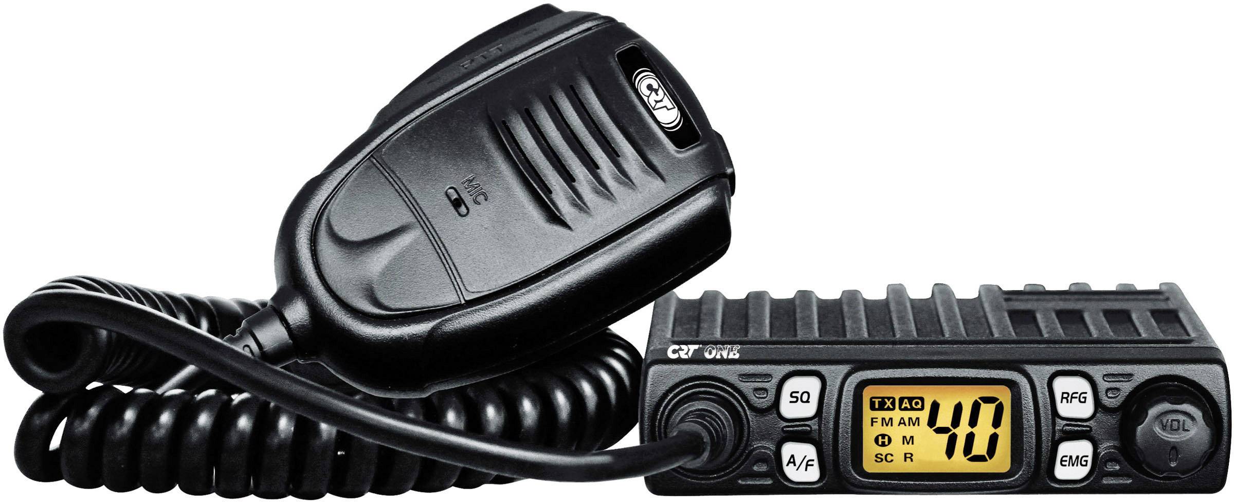 Een CB-radio met een handmicrofoon. Het display toont kanaal 40. Geschikt voor communicatie in voertuigen.