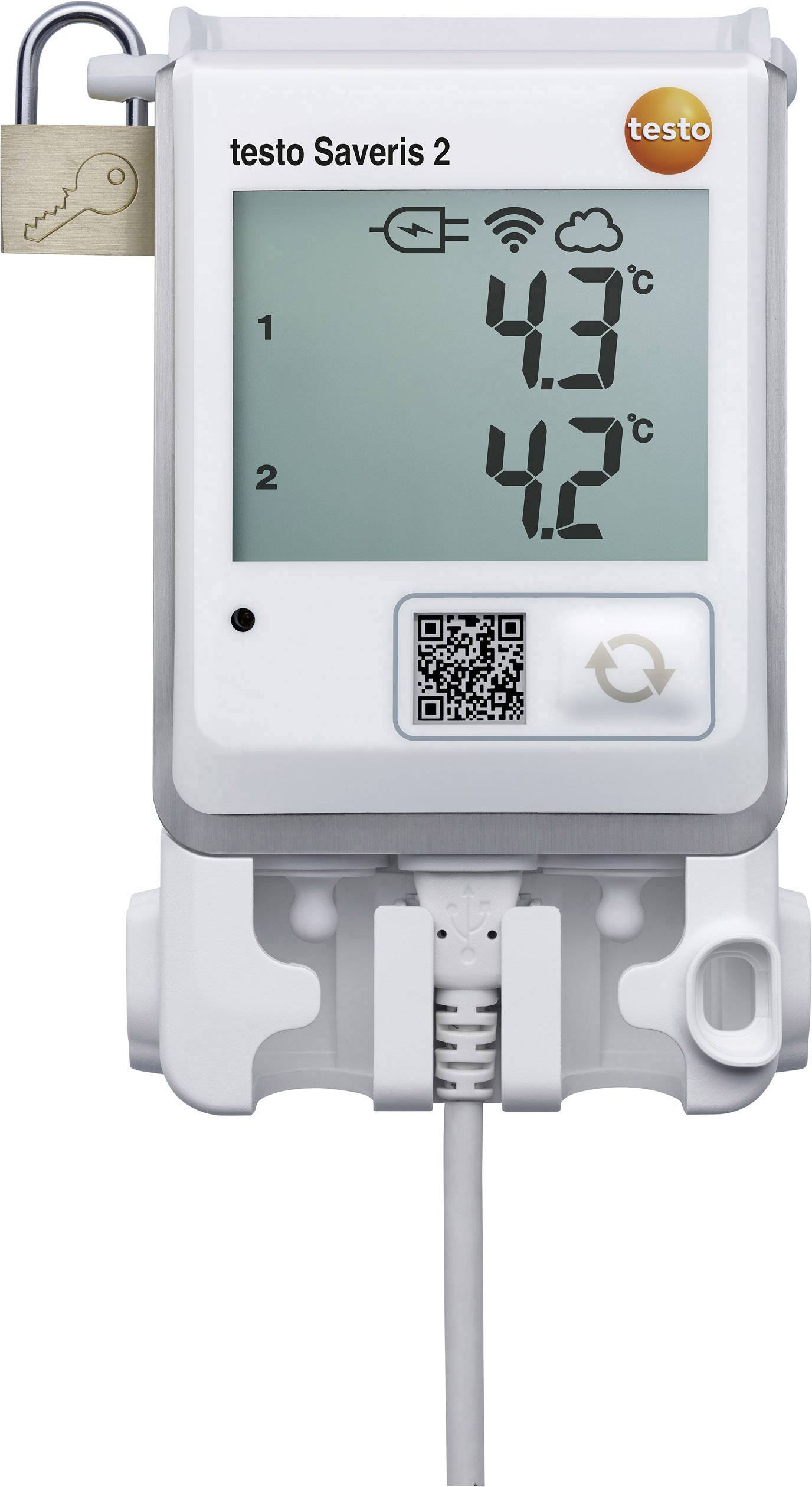 Digitale thermometer aan de muur bevestigd, toont temperaturen van 4,3°C en 4,2°C. Verbindingssymbolen bovenaan, QR-code onderaan.