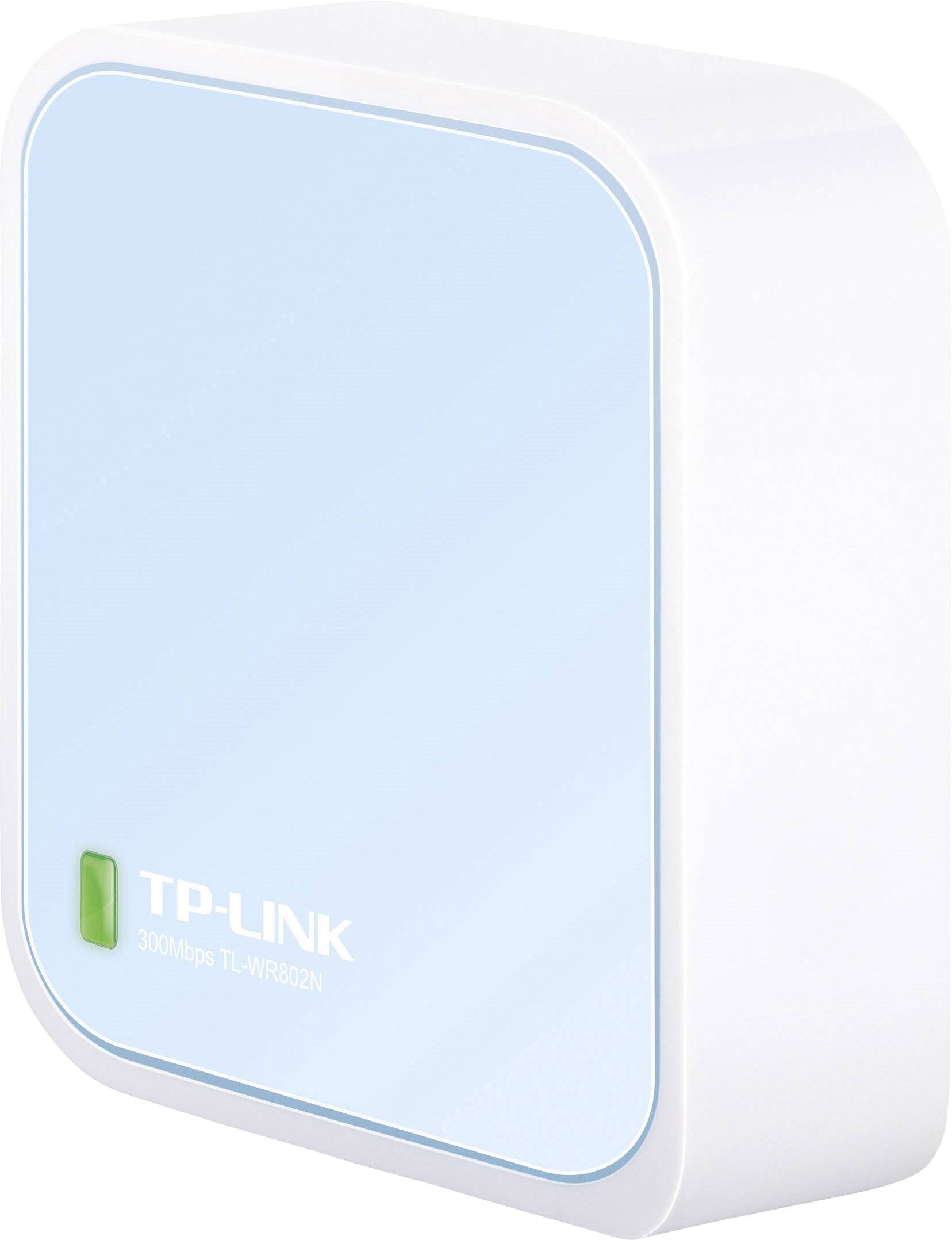 Compacte WLAN-router van TP-Link, model TL-WR802N. Wit behuizing, blauwe voorkant, groene statusled linksonder.