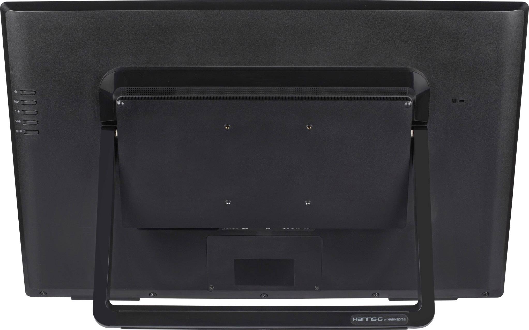 Achteraanzicht van een zwarte monitor met een stabiele voet, geschikt voor gebruik op bureaus of werkplekken.