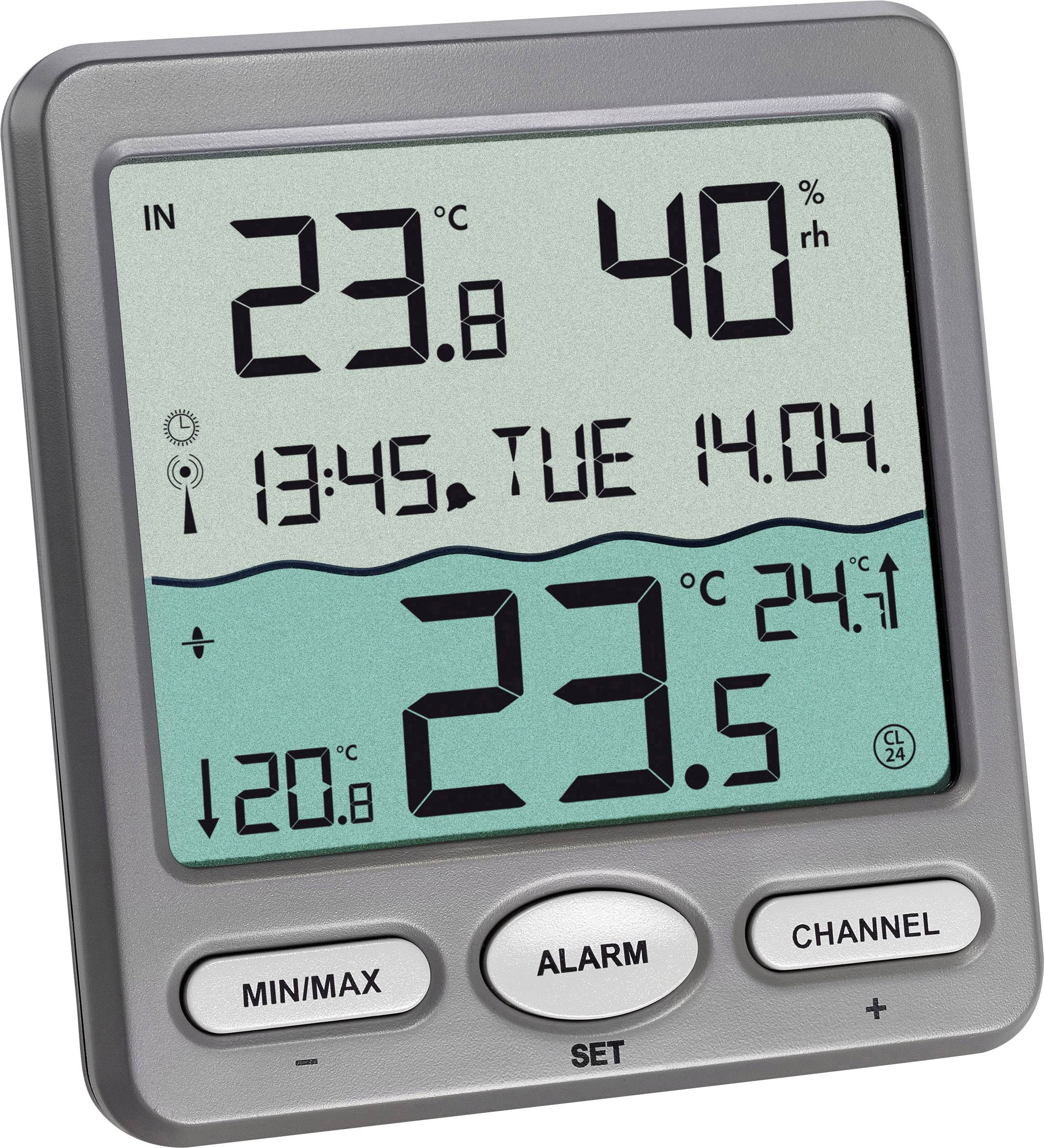 Digitale thermometer toont binnentemperatuur 23,8°C, luchtvochtigheid 40%, tijd 13:45, datum dinsdag, 14 april, en buitentemperatuur 24,1°C.
