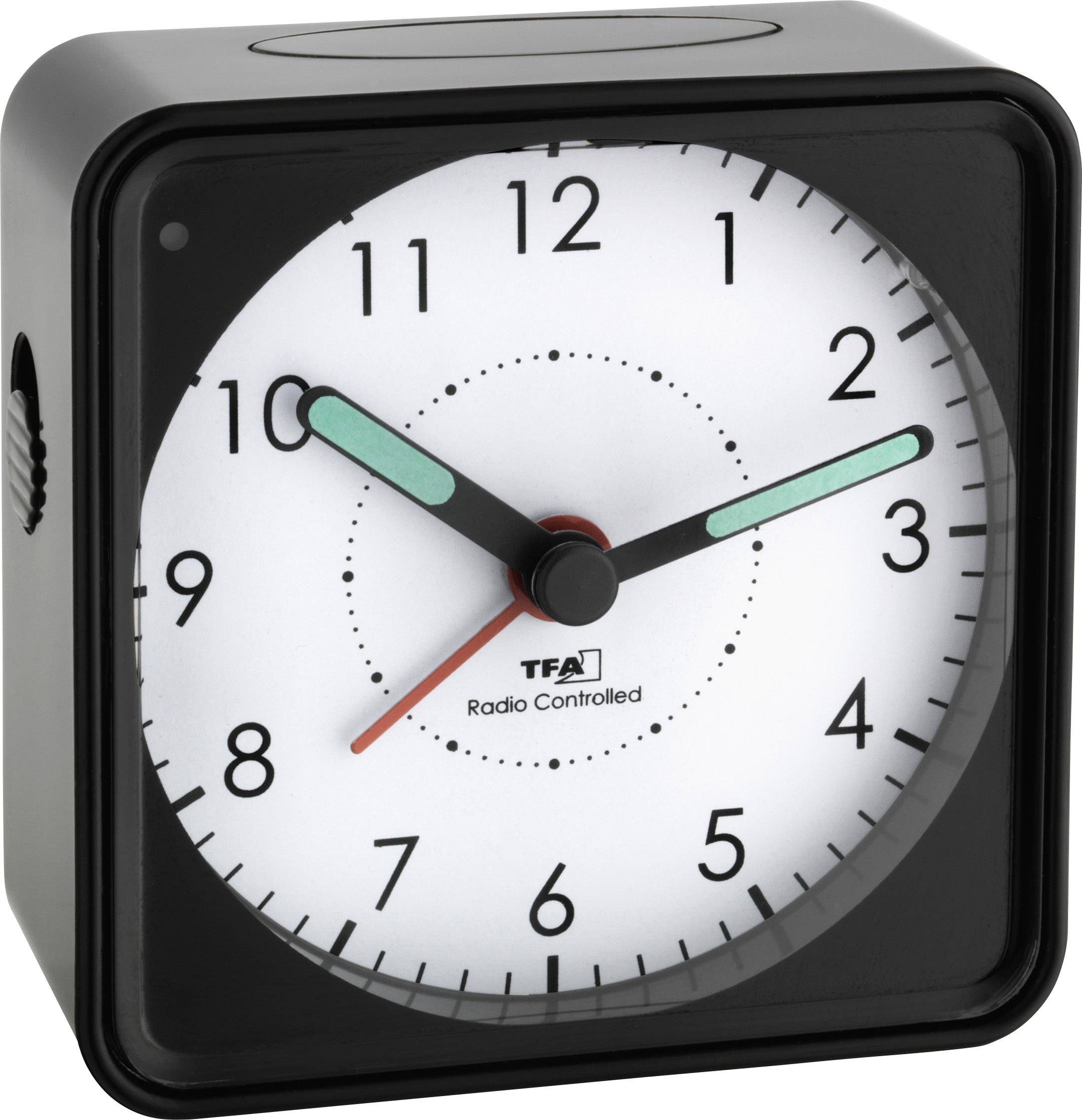 Zwarte radiowekker met wit wijzerplaat. Wijzers staan op 10:09 uur. Subtiel design, analoge weergave, compact.