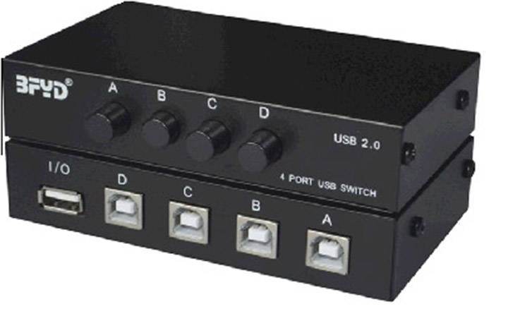 '4-Poorts USB-switch met USB 2.0, vier apparaatschakelaars (A, B, C, D) en vier USB-aansluitingen voor het selecteren van verschillende apparaten.'