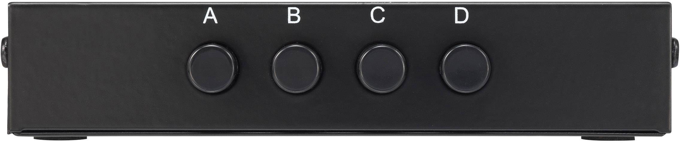 Zwart bedieningspaneel met vier ronde knoppen, van links naar rechts gelabeld met 'A', 'B', 'C', 'D'.