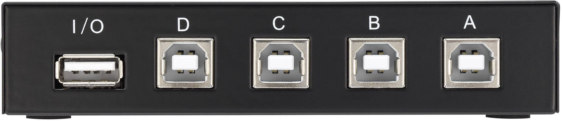 'Zwart apparaat met vijf USB-poorten, gemerkt I/O, D, C, B, A.'