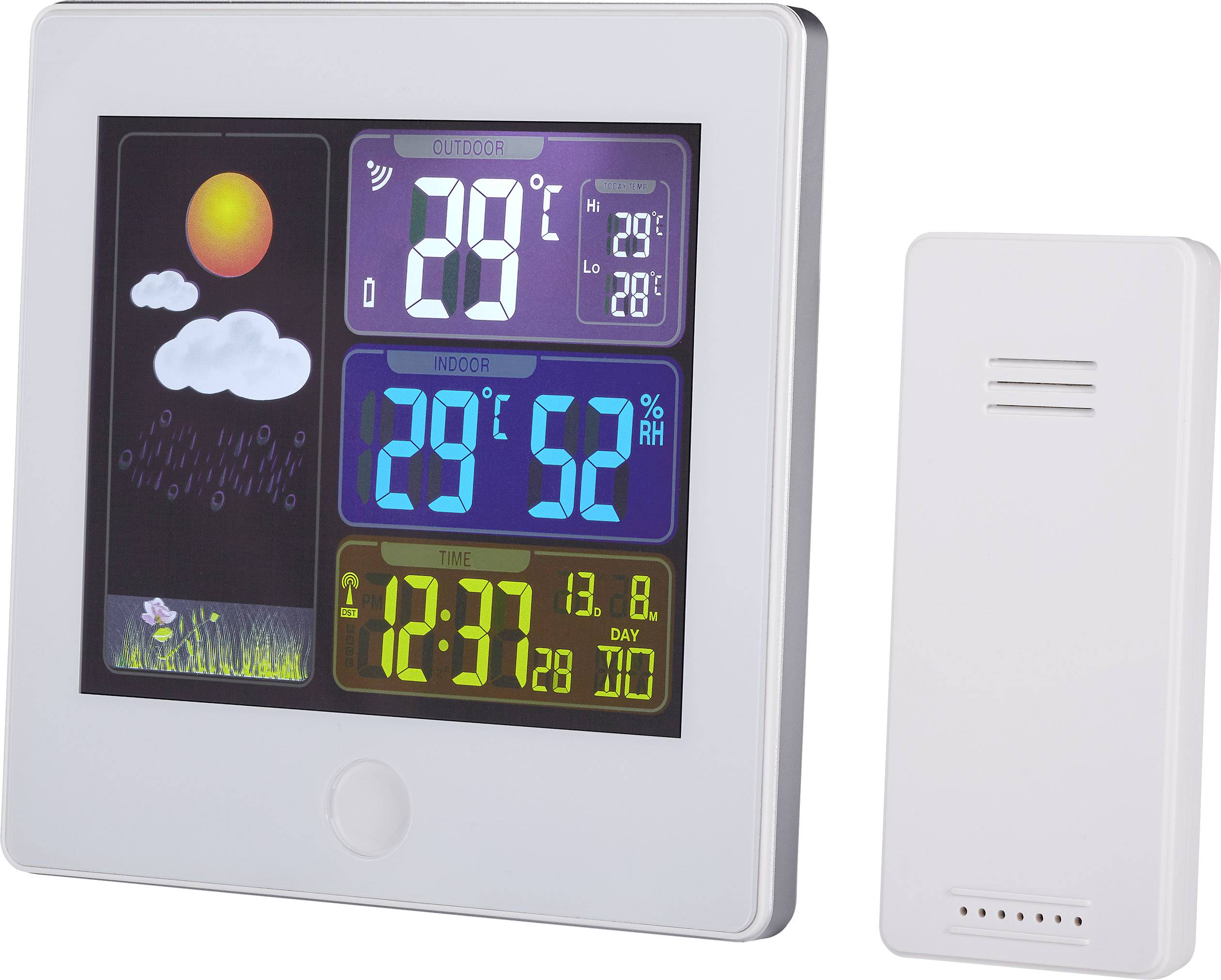 Kleurrijk digitaal weerstation-display toont buitentemperatuur, binnentemperatuur en luchtvochtigheid, alsmede tijd en datum.