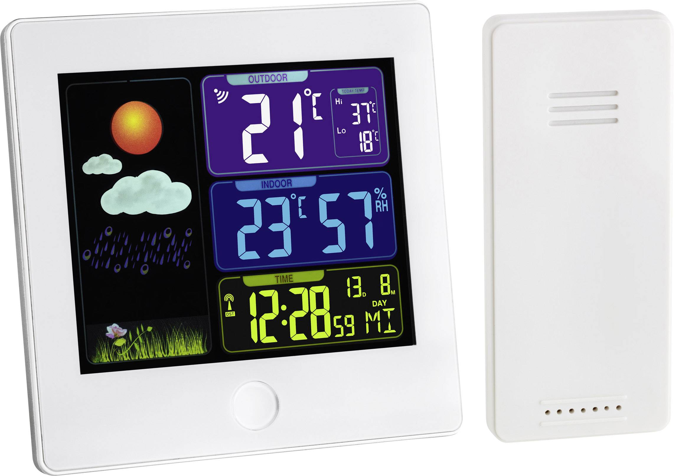 Digitaal weersdisplay met kleurrijke pictogrammen, toont buitentemperatuur 21°C en binnentemperatuur 23°C, tijd 12:28.