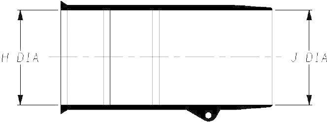 Technische tekening van een cilindrisch voorwerp met markeringen voor 'H DIA' en 'J DIA', die de diameter aan beide uiteinden aangeven.