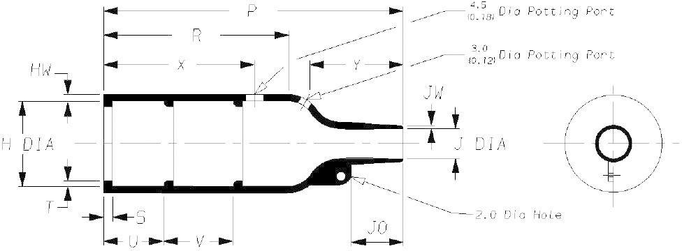 Technische tekening van een cilindrisch onderdeel met afmetingen. Toont binnen- en buitendiameter alsmede verschillende boringen en aansluitingen.