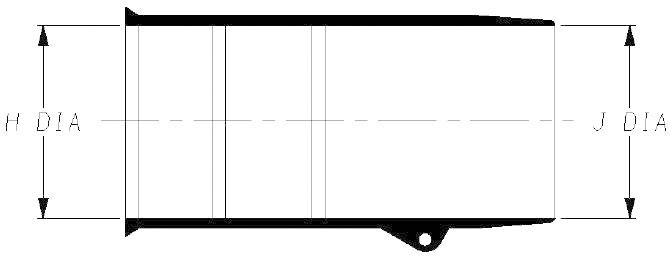 Technische schets van een cilindrisch object met diameteraanduidingen 'H DIA' en 'J DIA' aan beide zijden; zijaanzicht.